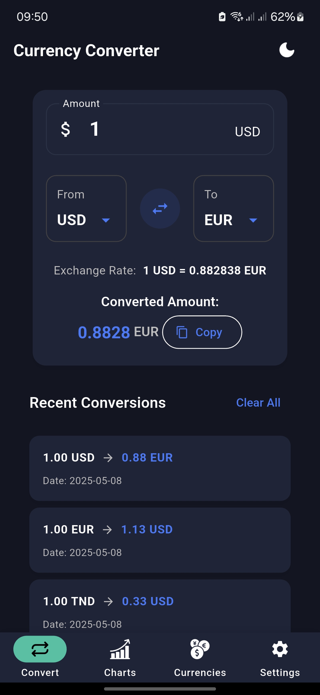 CurrEx app in dark mode