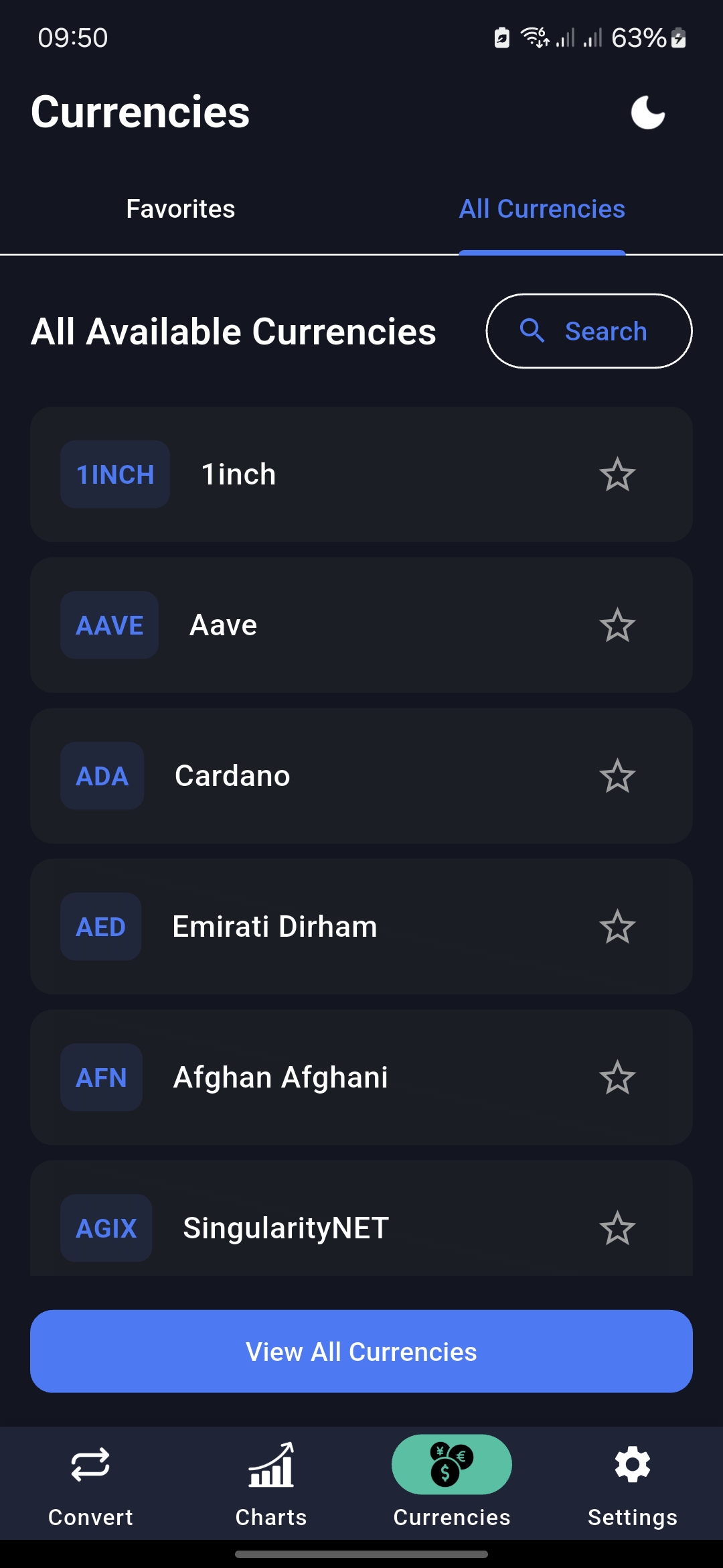 Currencies screen in dark mode
