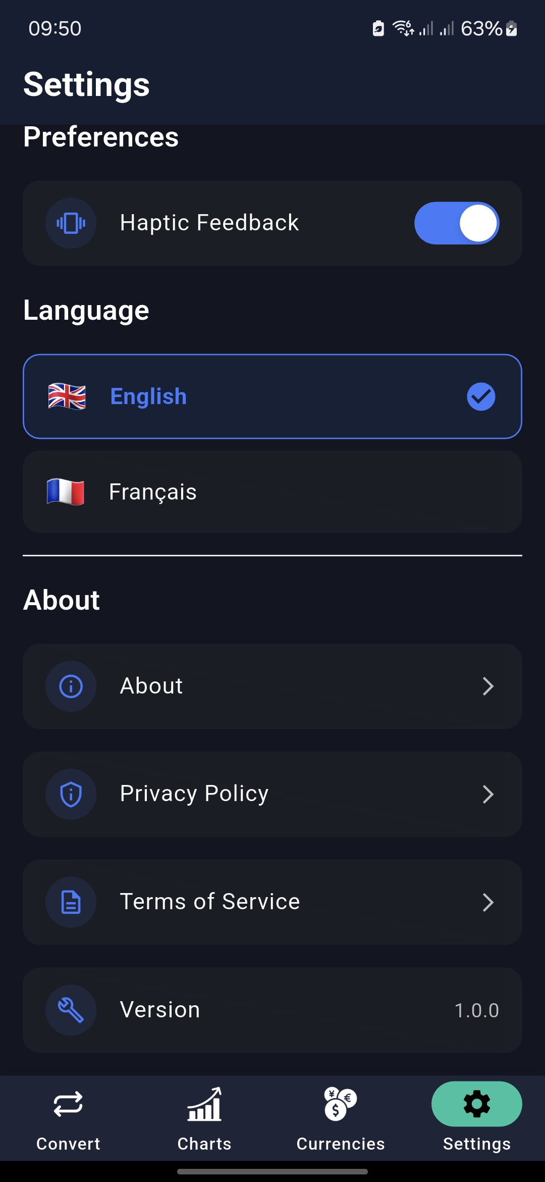 Settings screen in dark mode