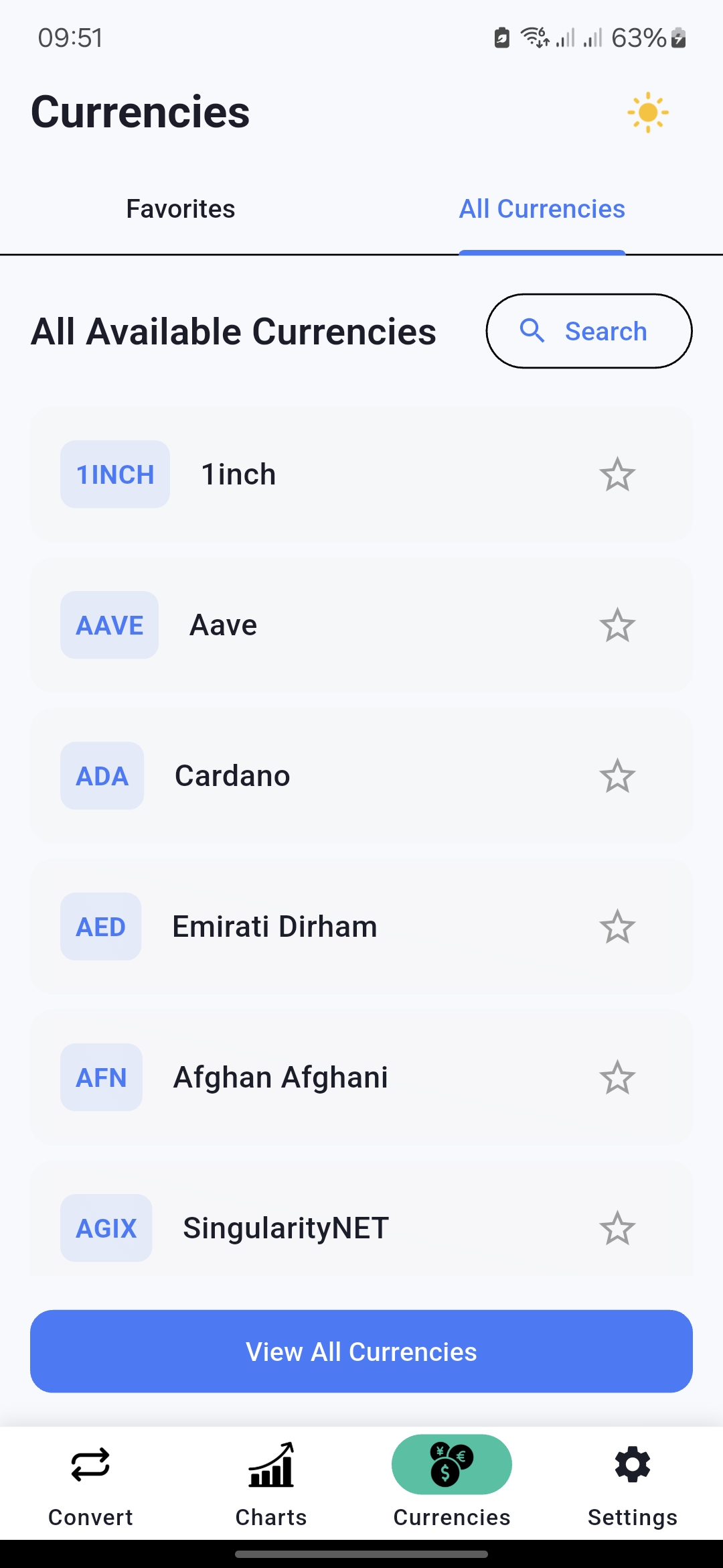Currencies screen in light mode
