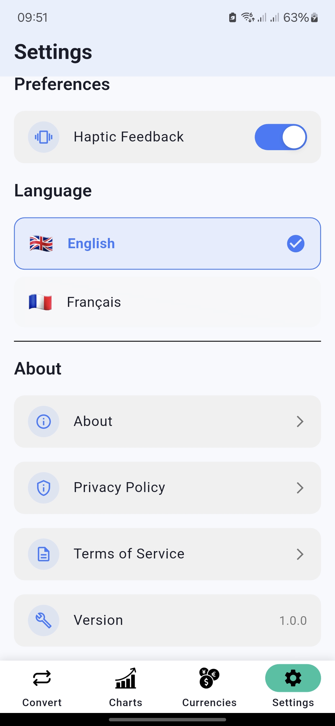 Settings screen in light mode