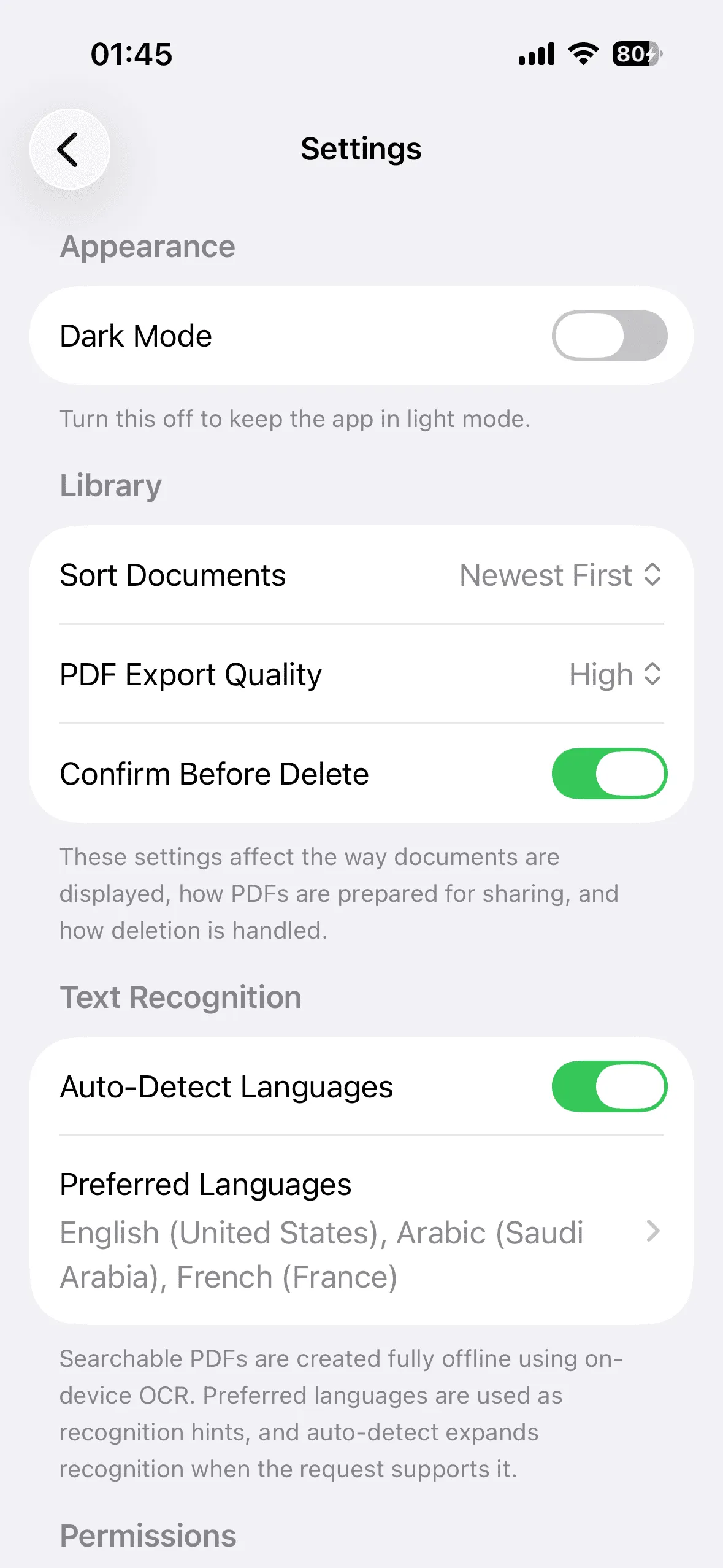DocScanner settings and offline text recognition options