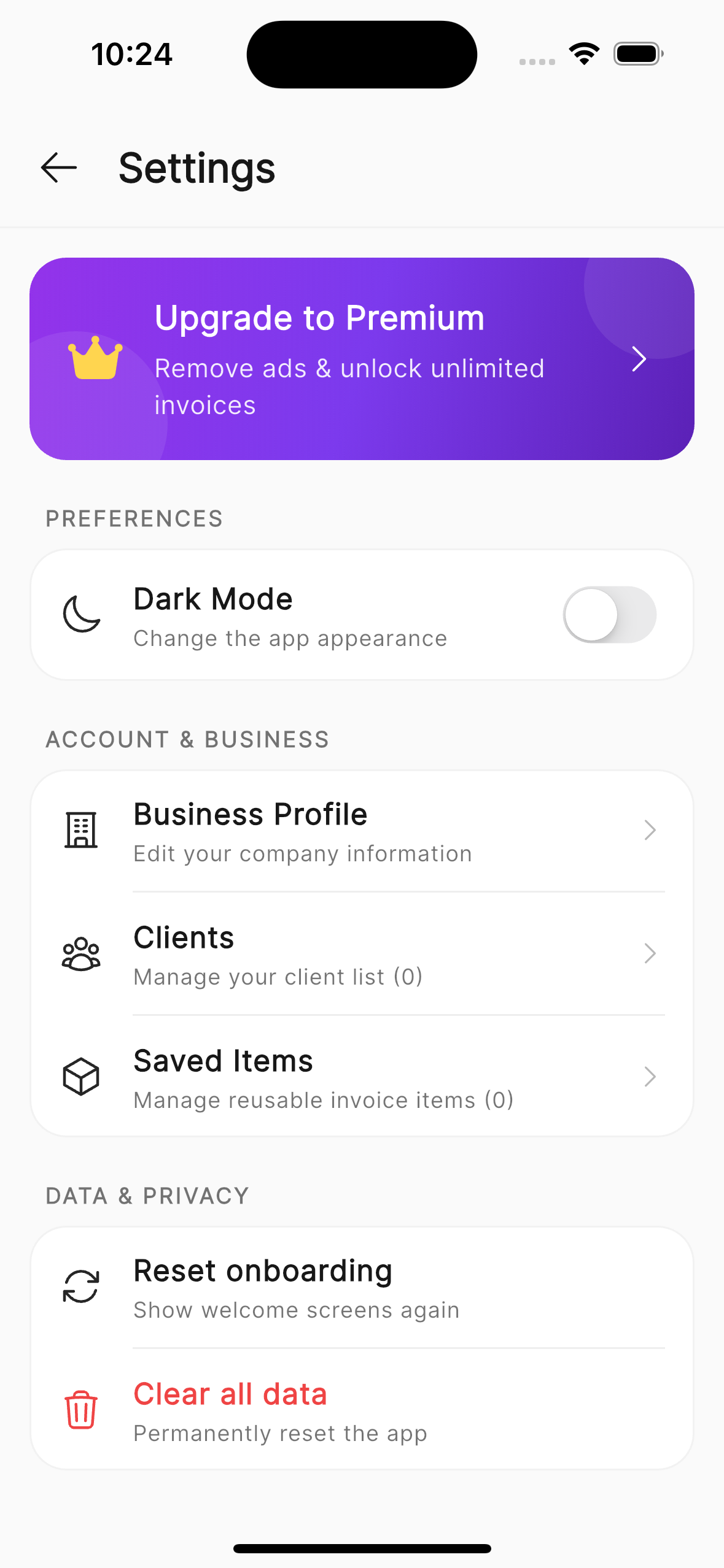 Invoice Maker settings - Customization
