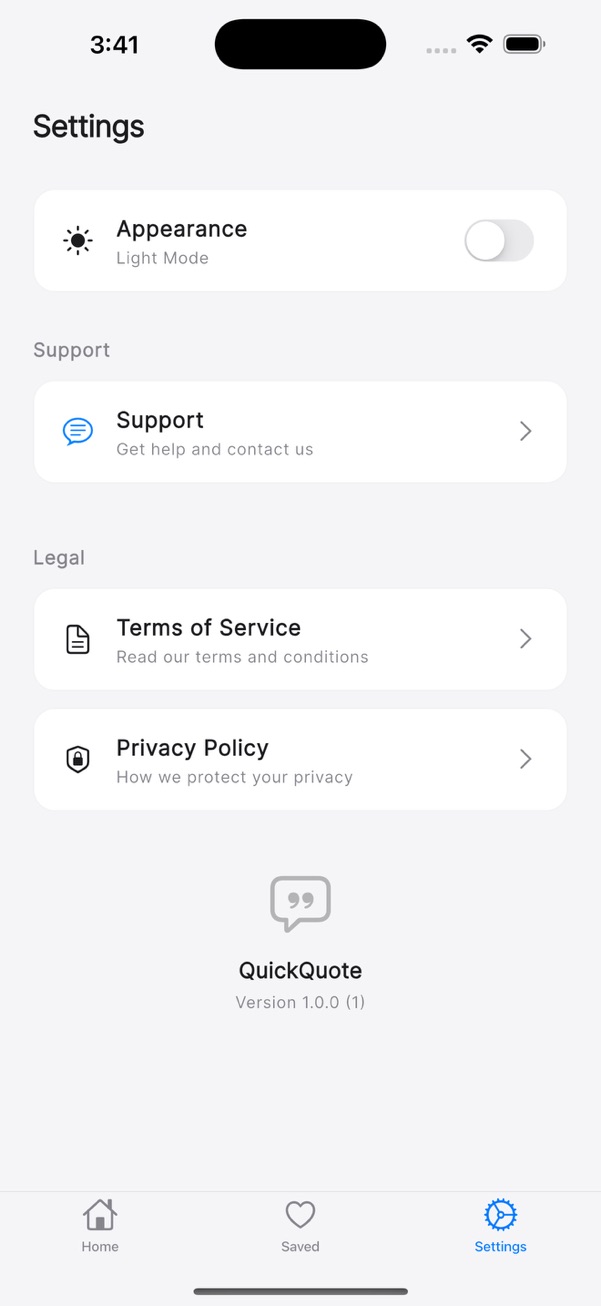 QuickQuote app interface showing settings
