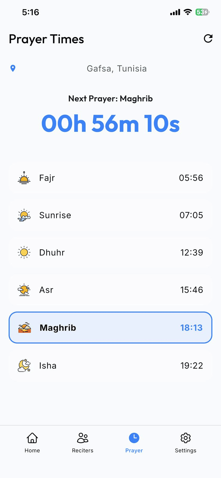 Quran Lake app interface showing prayer times