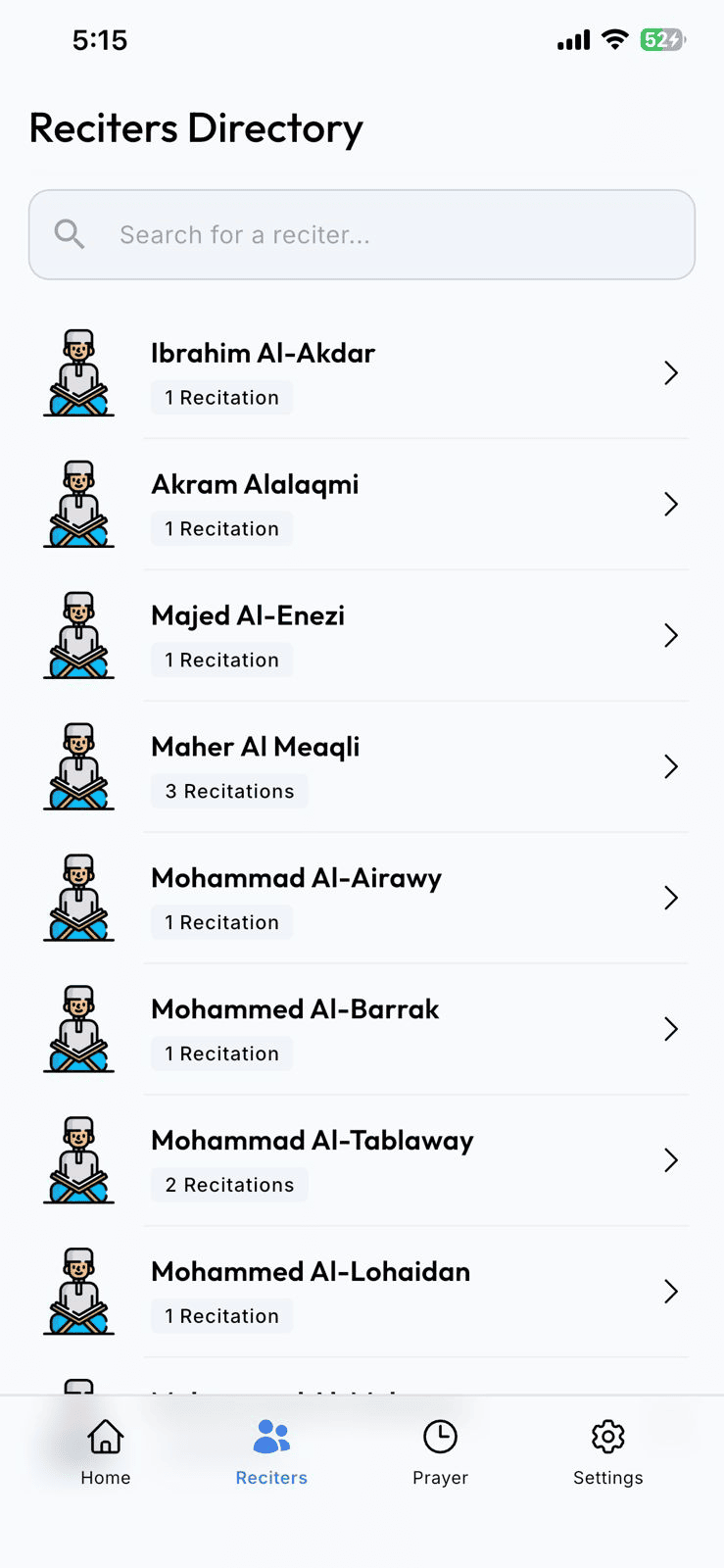 Quran Lake app interface showing Quran reciters